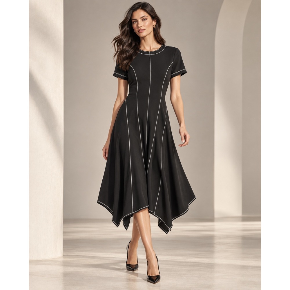 Donna Karan New York Black Contrast Stitch Handkerchief Hem Dress S